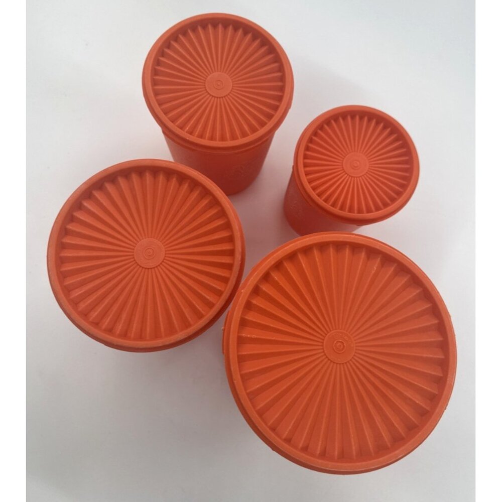 Vintage Tupperware Harvest Orange Servalier Canisters Set Of 4 w/ Sunburst Lids - Picture 3 of 13